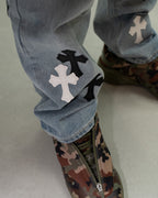 White & Black Cross Patch Light Denim Jeans™
