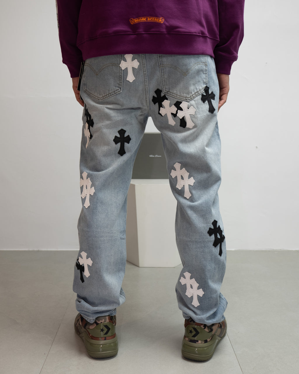 White & Black Cross Patch Light Denim Jeans™
