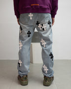 White & Black Cross Patch Light Denim Jeans™