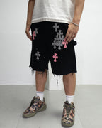 Pink & Checkered Cross Patch Black Denim Shorts™