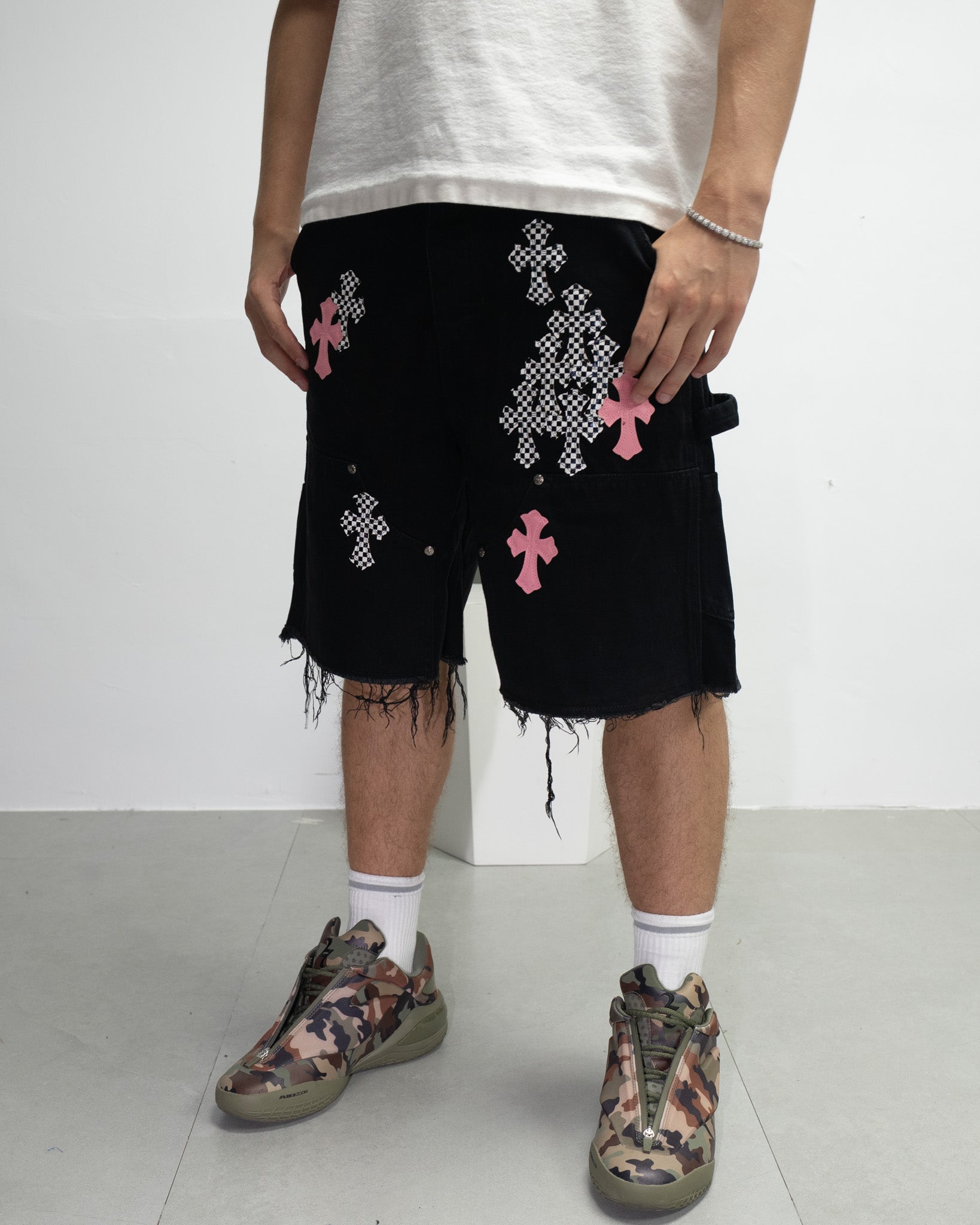 Pink & Checkered Cross Patch Black Denim Shorts™