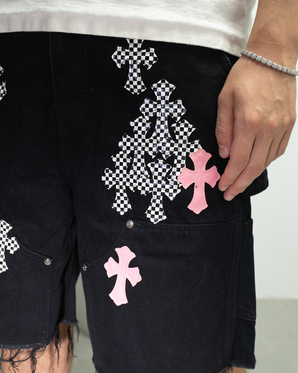 Pink & Checkered Cross Patch Black Denim Shorts™