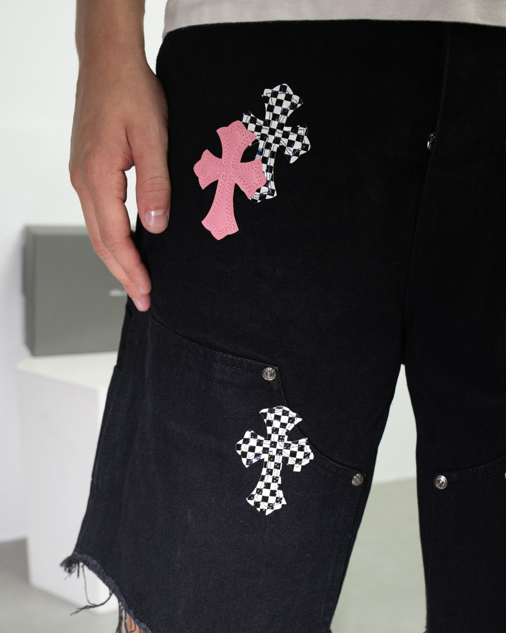 Pink & Checkered Cross Patch Black Denim Shorts™