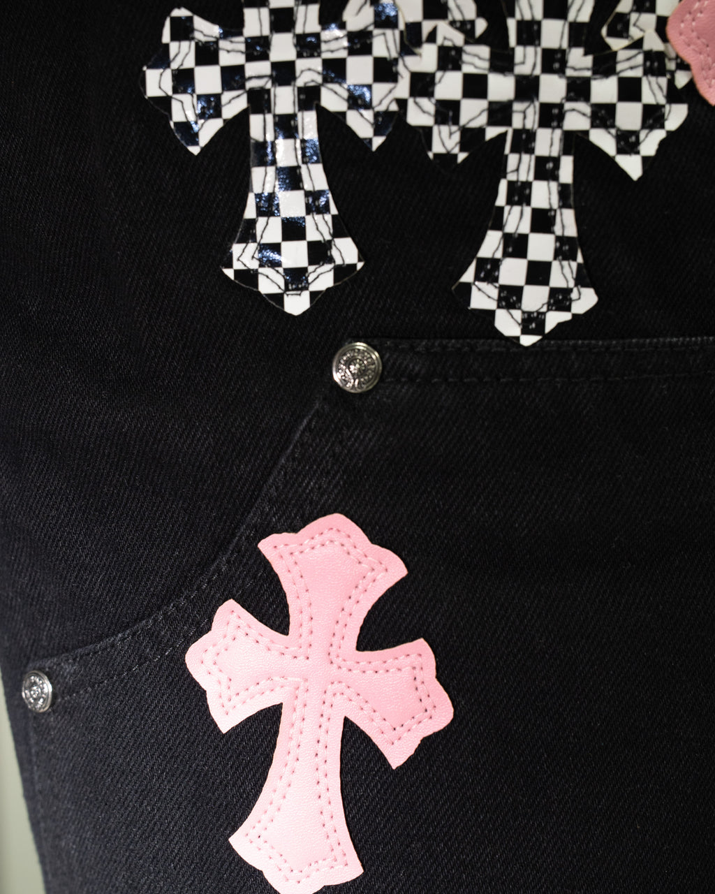Pink & Checkered Cross Patch Black Denim Shorts™