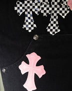 Pink & Checkered Cross Patch Black Denim Shorts™