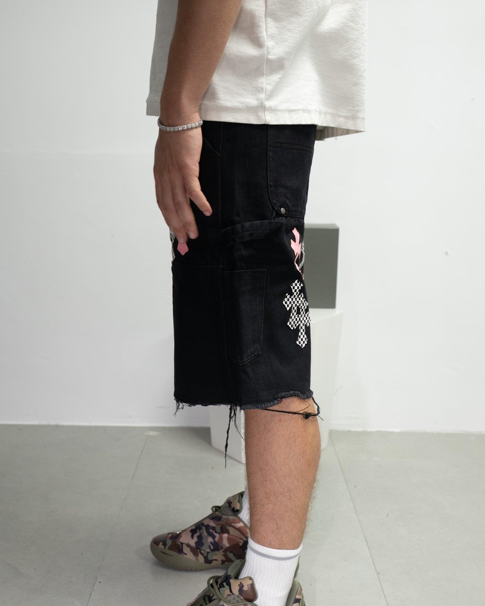 Pink & Checkered Cross Patch Black Denim Shorts™