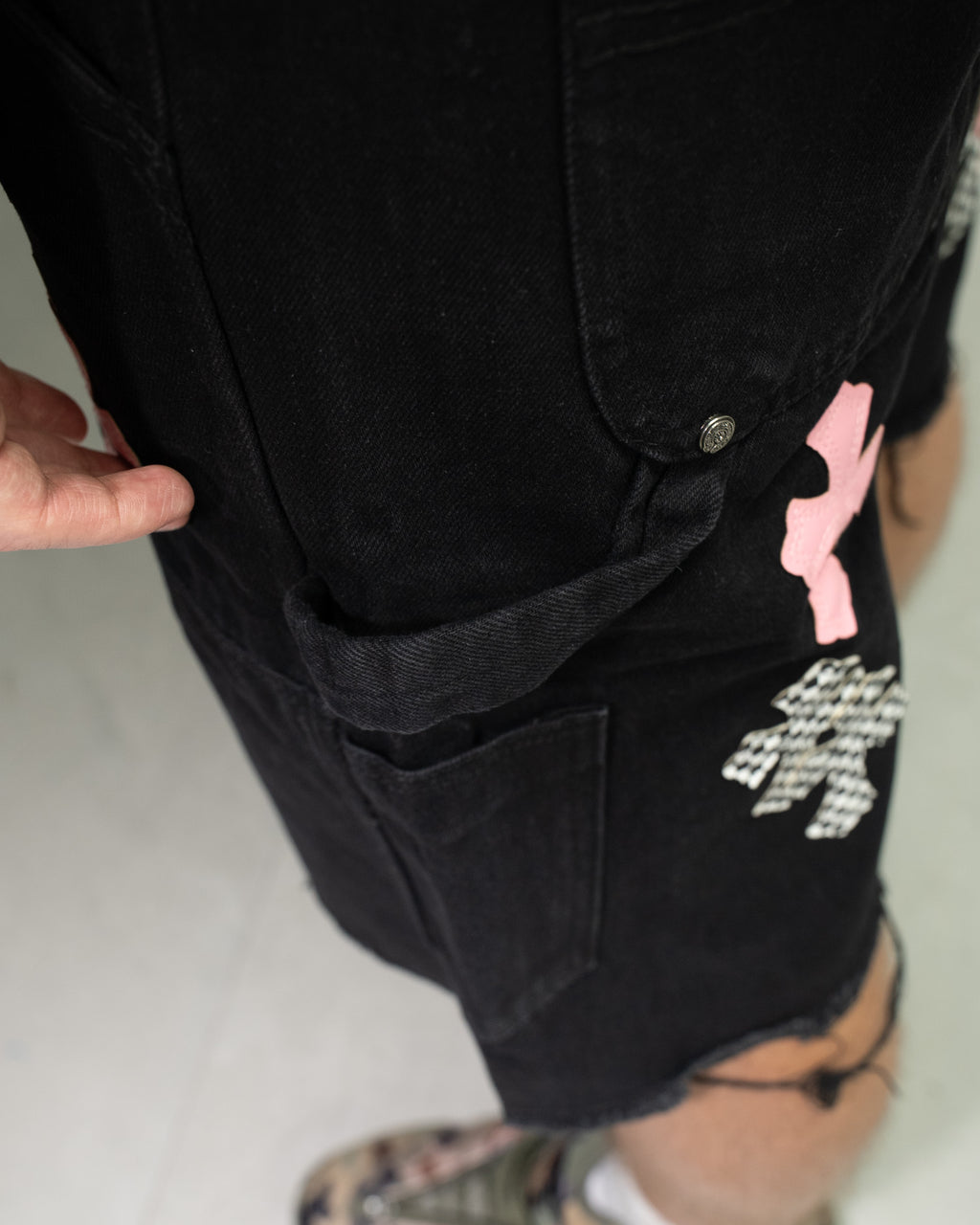 Pink & Checkered Cross Patch Black Denim Shorts™