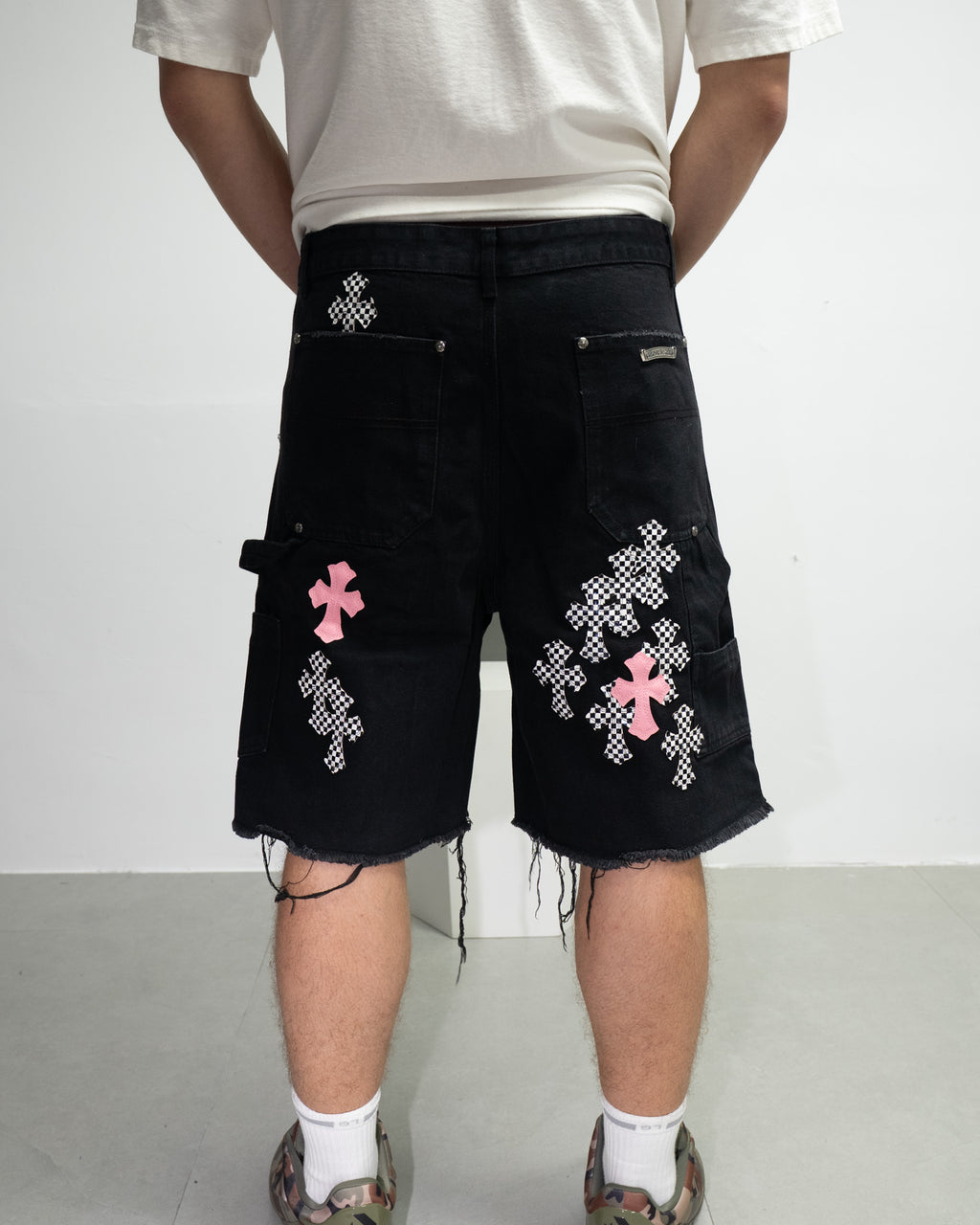 Pink & Checkered Cross Patch Black Denim Shorts™