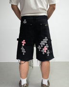 Pink & Checkered Cross Patch Black Denim Shorts™