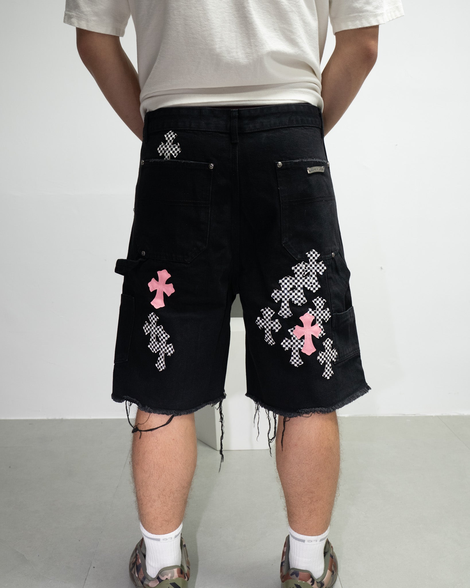 Pink & Checkered Cross Patch Black Denim Shorts™