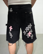 Pink & Checkered Cross Patch Black Denim Shorts™