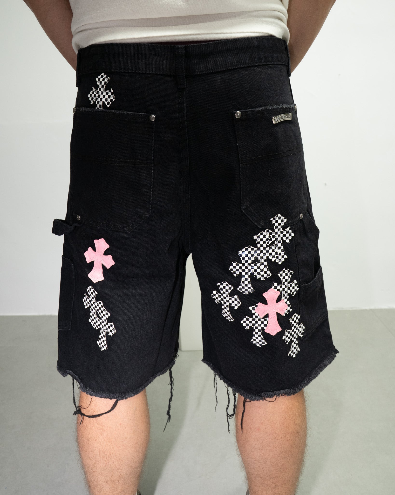 Pink & Checkered Cross Patch Black Denim Shorts™