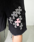Pink & Checkered Cross Patch Black Denim Shorts™