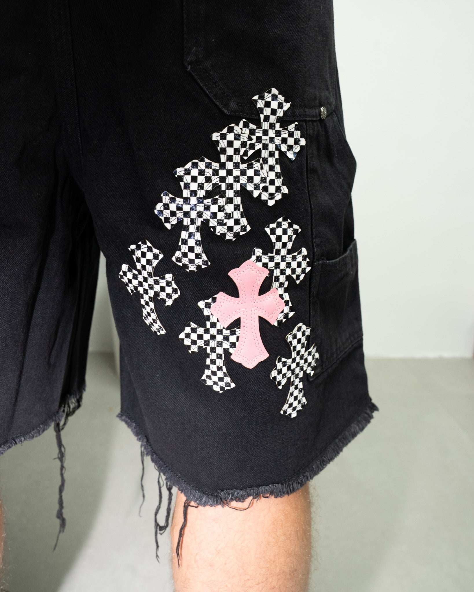 Pink & Checkered Cross Patch Black Denim Shorts™