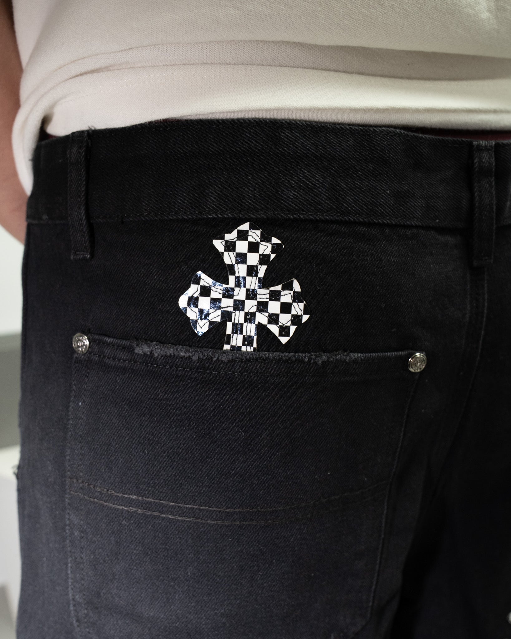 Pink & Checkered Cross Patch Black Denim Shorts™