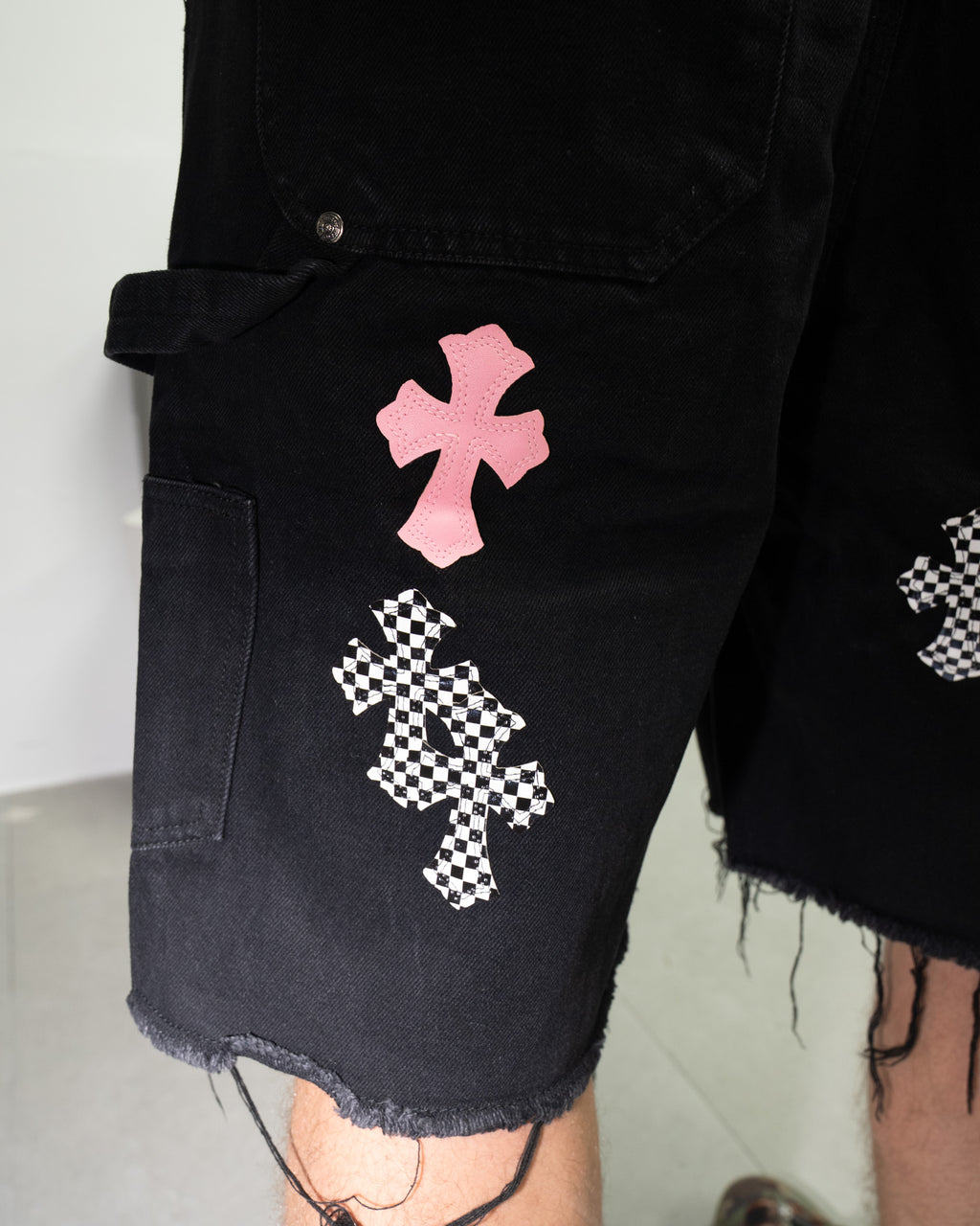 Pink & Checkered Cross Patch Black Denim Shorts™