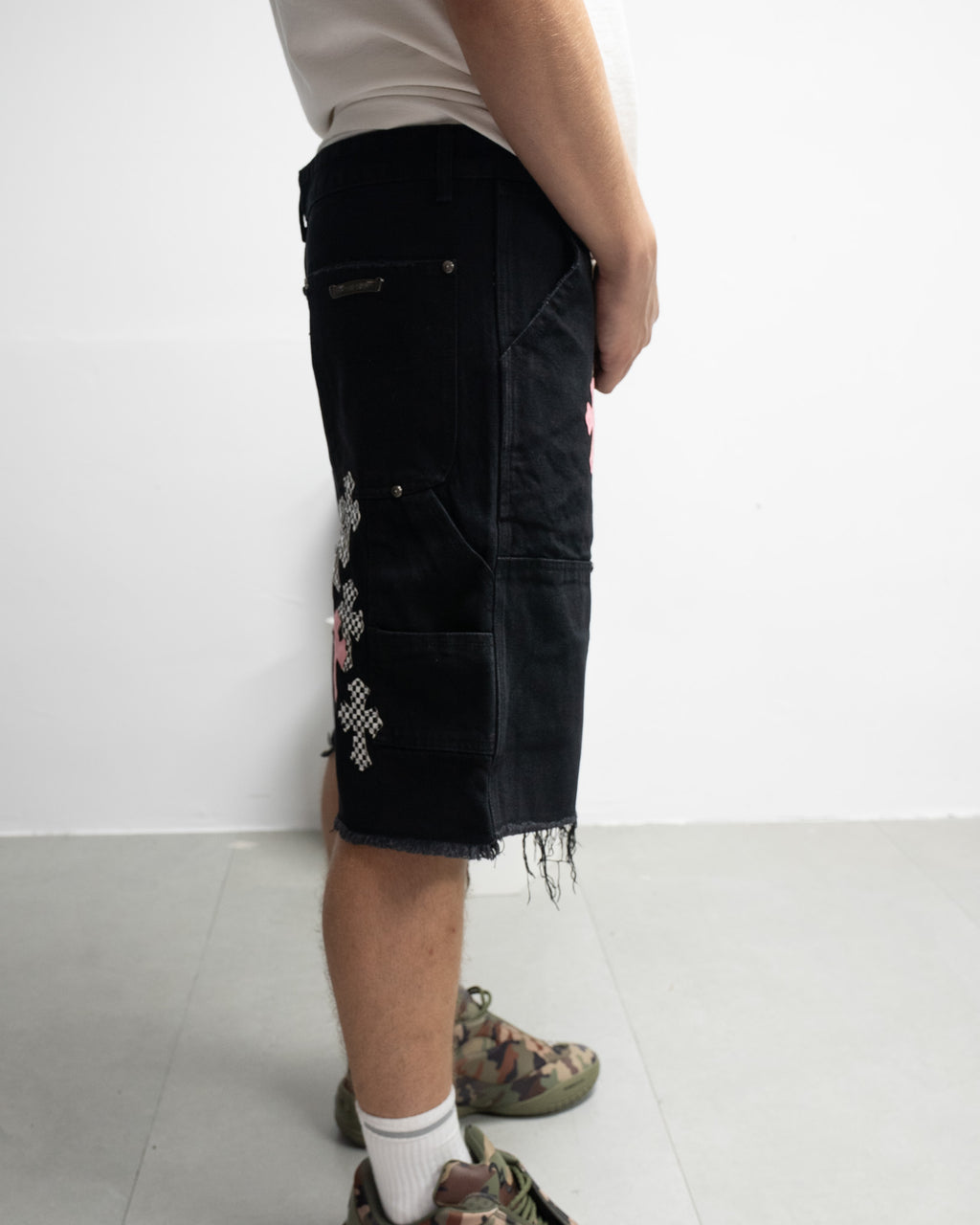 Pink & Checkered Cross Patch Black Denim Shorts™