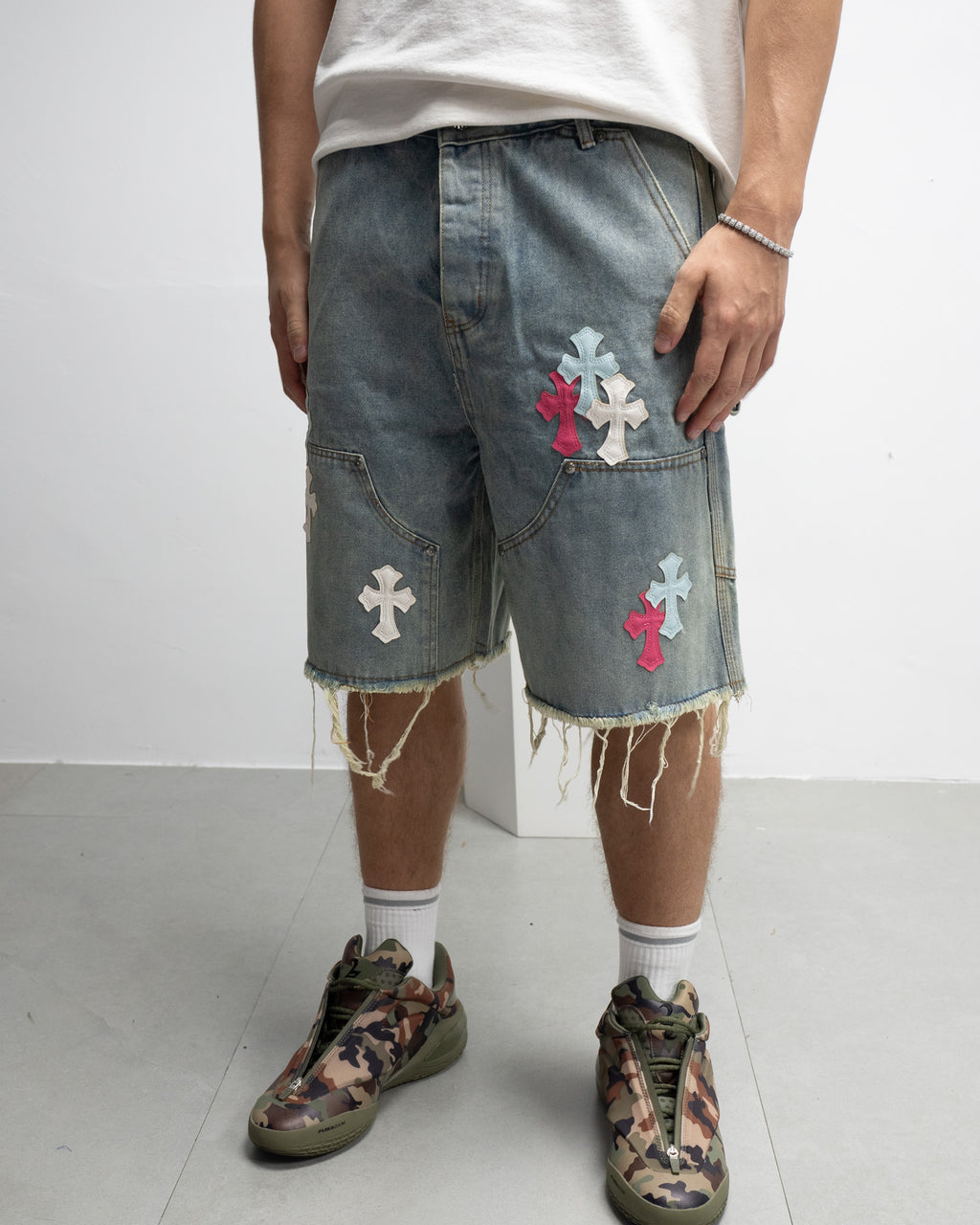 Pink Blue White Cross Patch Light Denim Shorts™