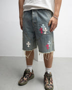 Pink Blue White Cross Patch Light Denim Shorts™