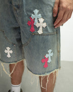 Pink Blue White Cross Patch Light Denim Shorts™