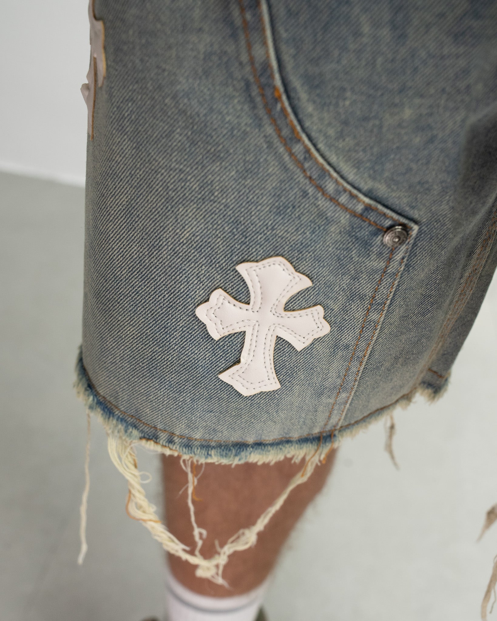 Pink Blue White Cross Patch Light Denim Shorts™
