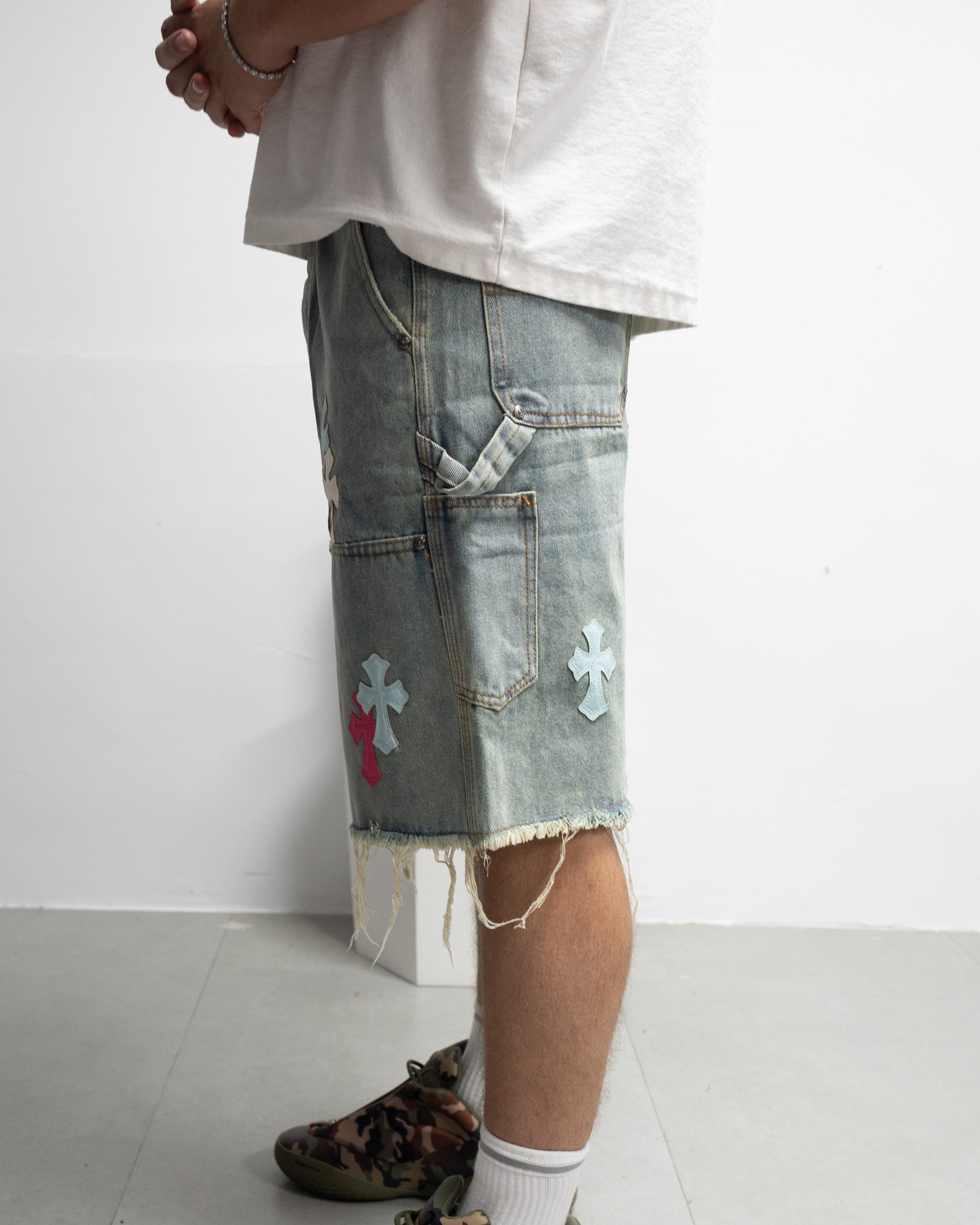 Pink Blue White Cross Patch Light Denim Shorts™