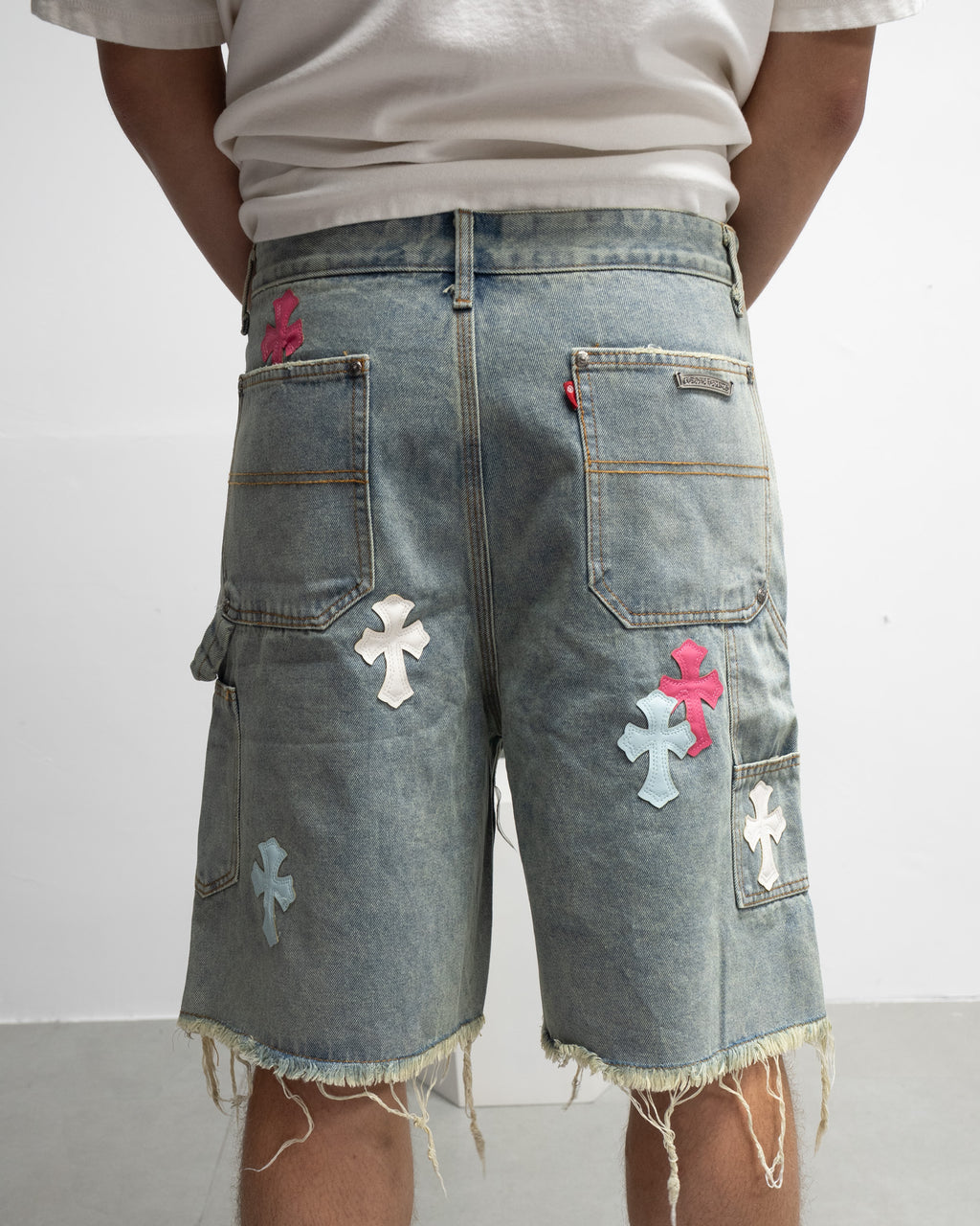 Pink Blue White Cross Patch Light Denim Shorts™