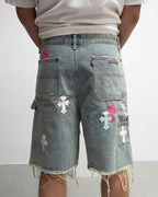 Pink Blue White Cross Patch Light Denim Shorts™