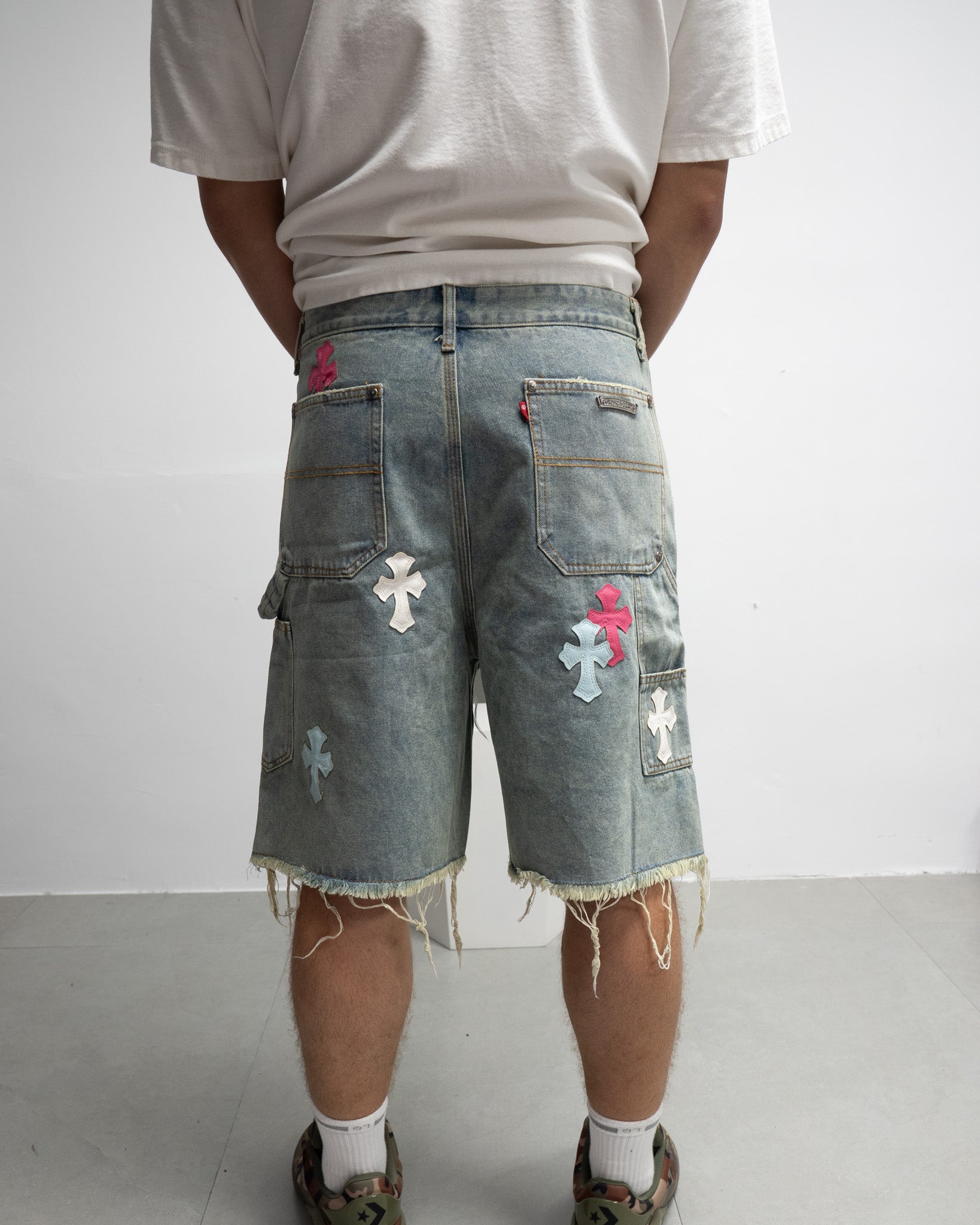 Pink Blue White Cross Patch Light Denim Shorts™