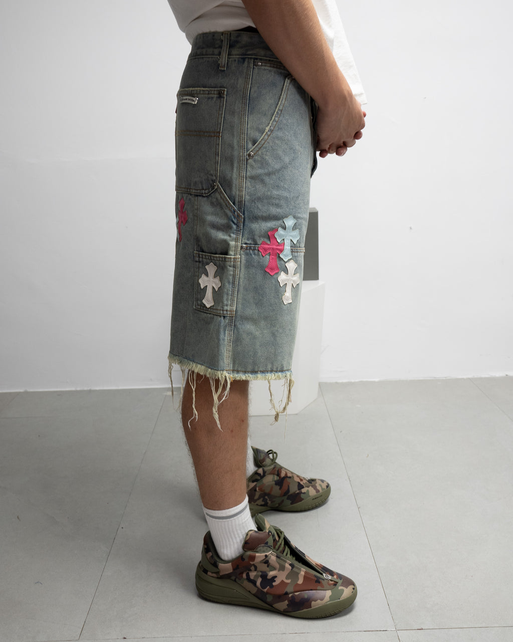 Pink Blue White Cross Patch Light Denim Shorts™