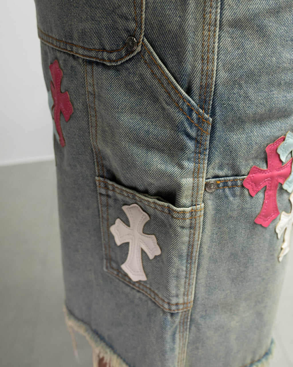 Pink Blue White Cross Patch Light Denim Shorts™