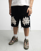 White Cross Patch Black Jean Shorts™