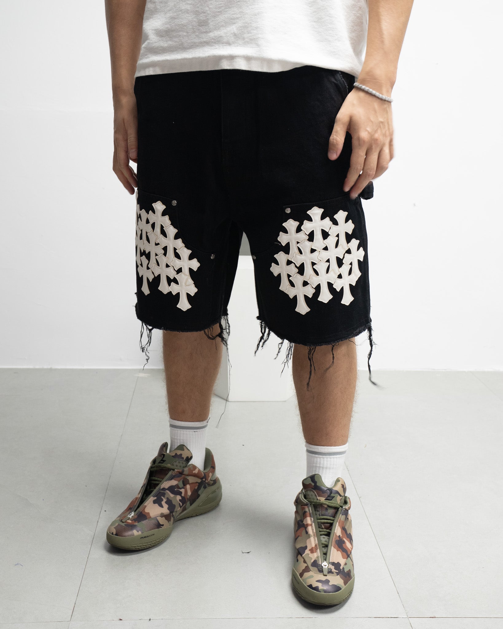 White Cross Patch Black Jean Shorts™