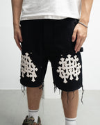 White Cross Patch Black Jean Shorts™