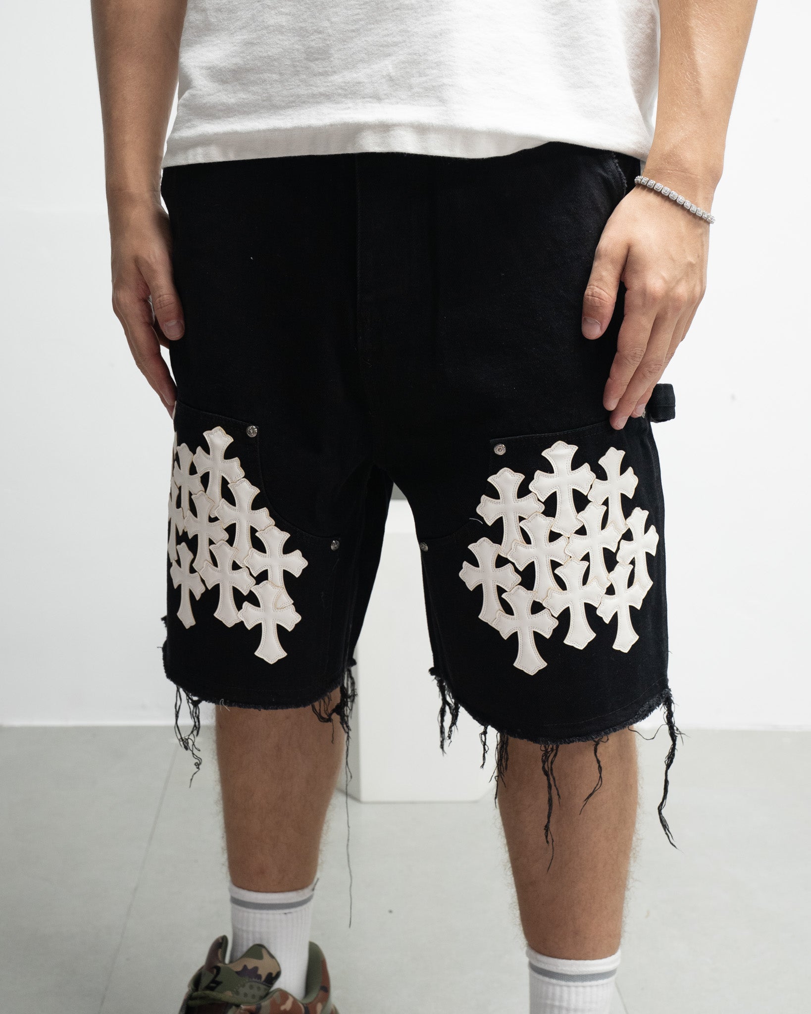 White Cross Patch Black Jean Shorts™