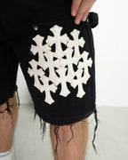 White Cross Patch Black Jean Shorts™