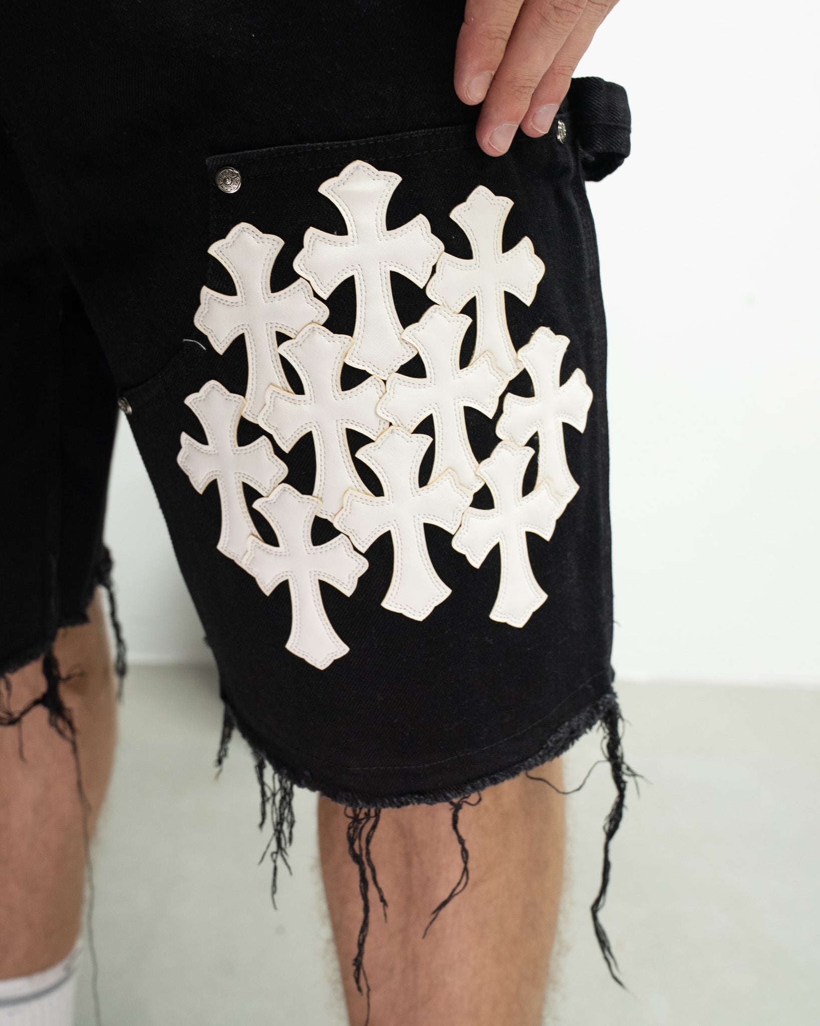 White Cross Patch Black Jean Shorts™