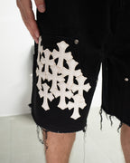 White Cross Patch Black Jean Shorts™