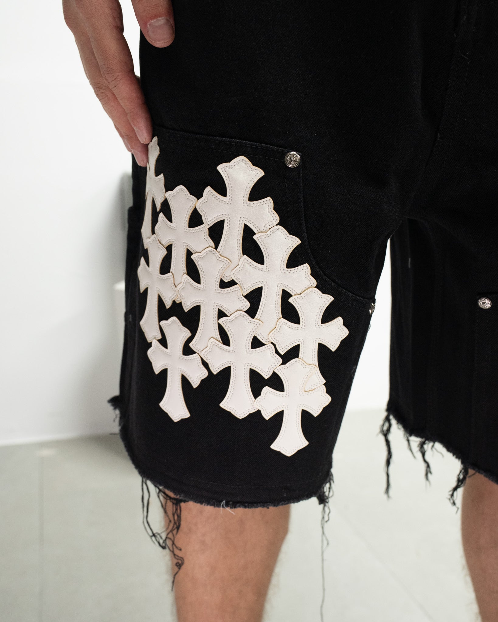 White Cross Patch Black Jean Shorts™