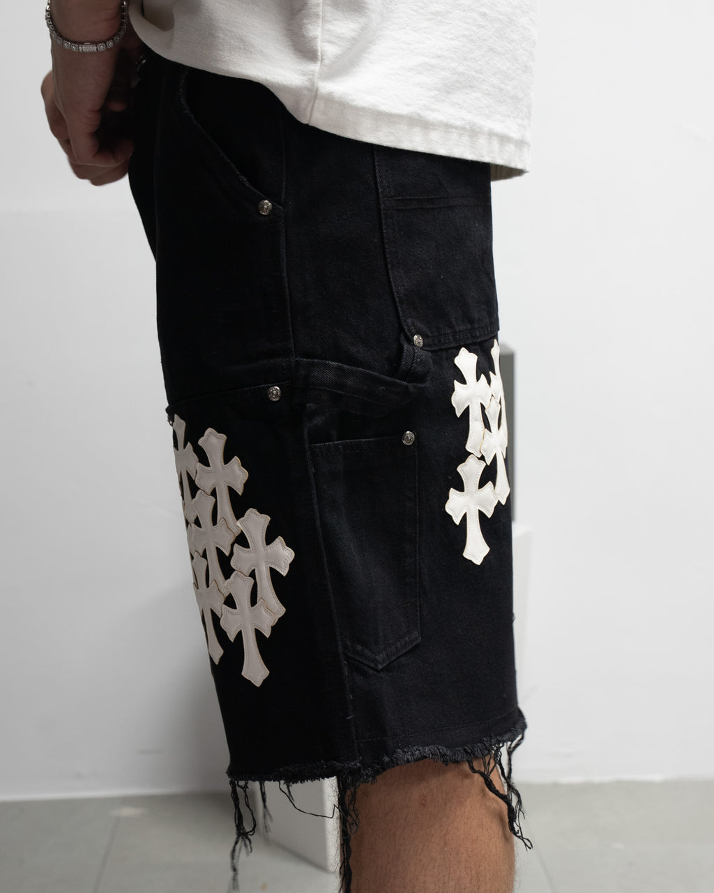 White Cross Patch Black Jean Shorts™