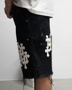 White Cross Patch Black Jean Shorts™