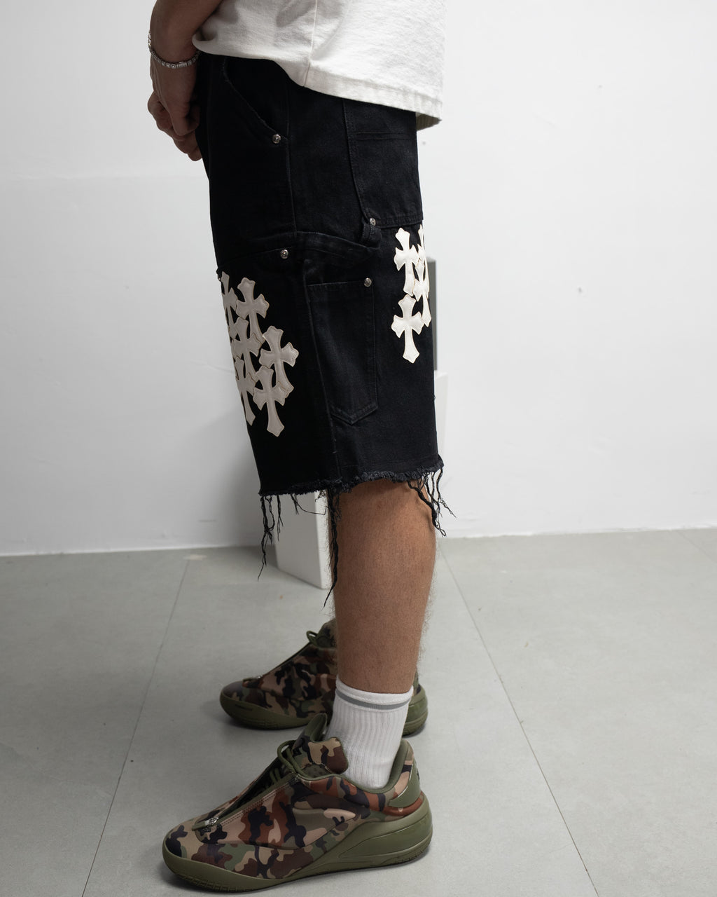 White Cross Patch Black Jean Shorts™