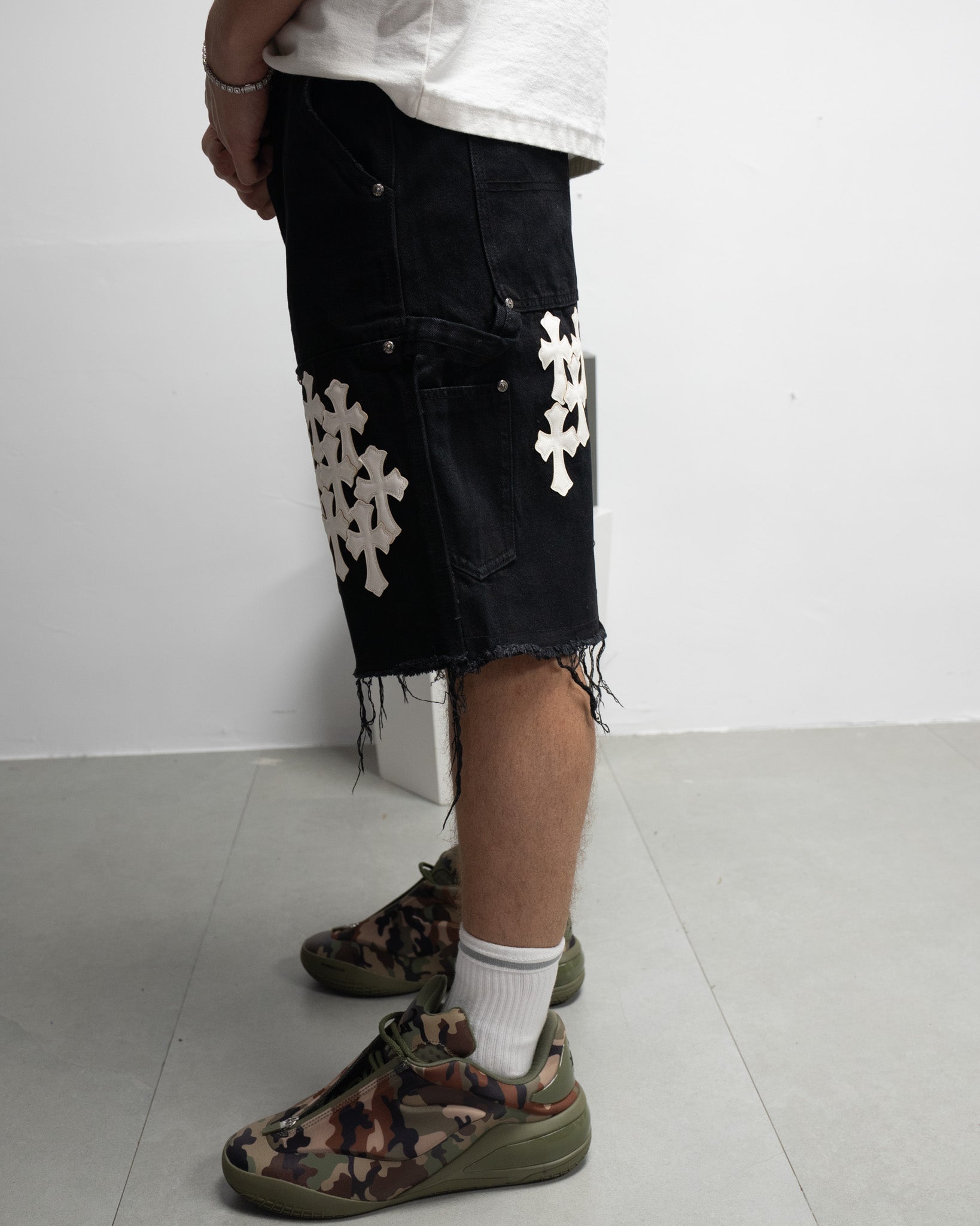 White Cross Patch Black Jean Shorts™