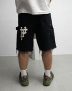 White Cross Patch Black Jean Shorts™