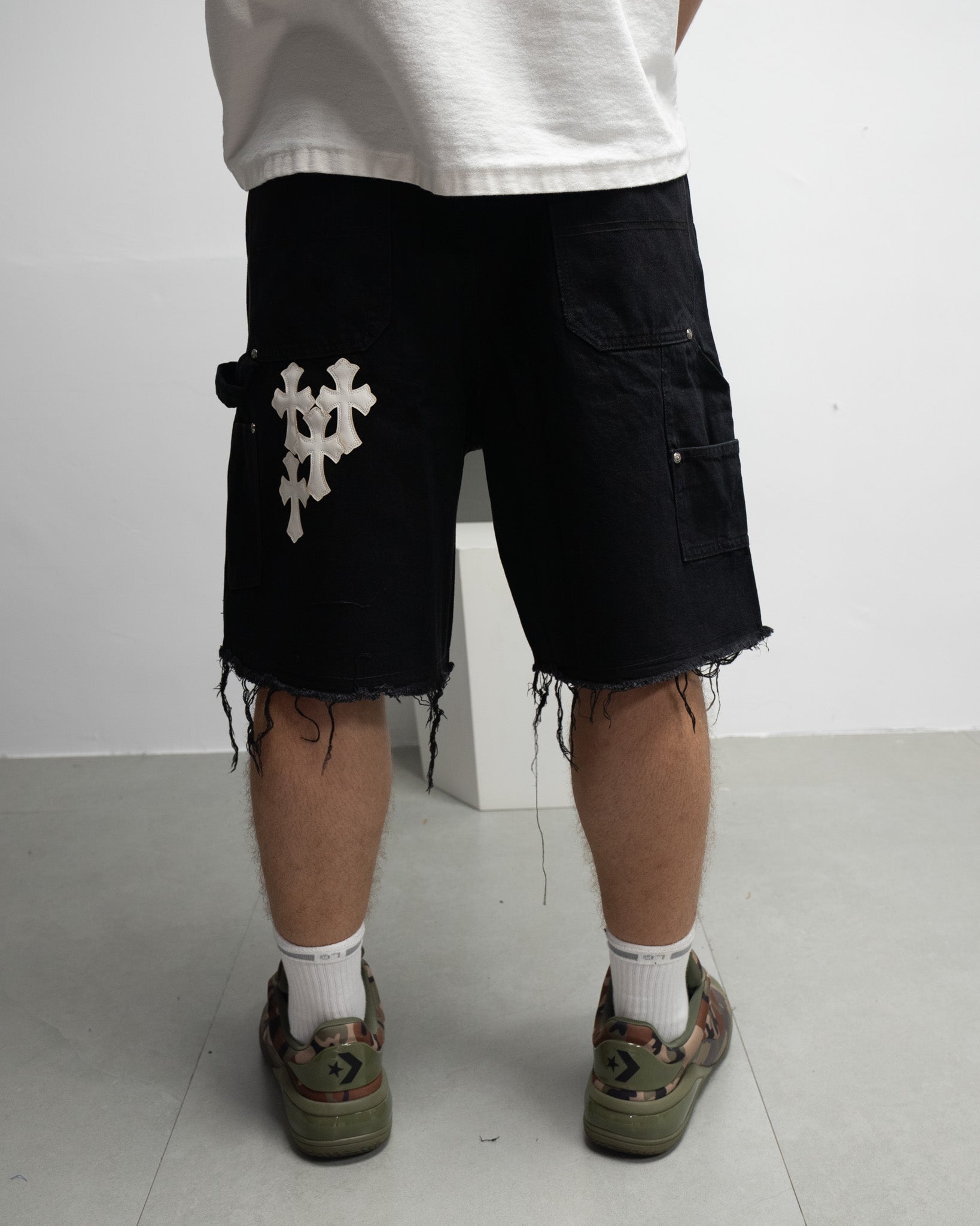 White Cross Patch Black Jean Shorts™