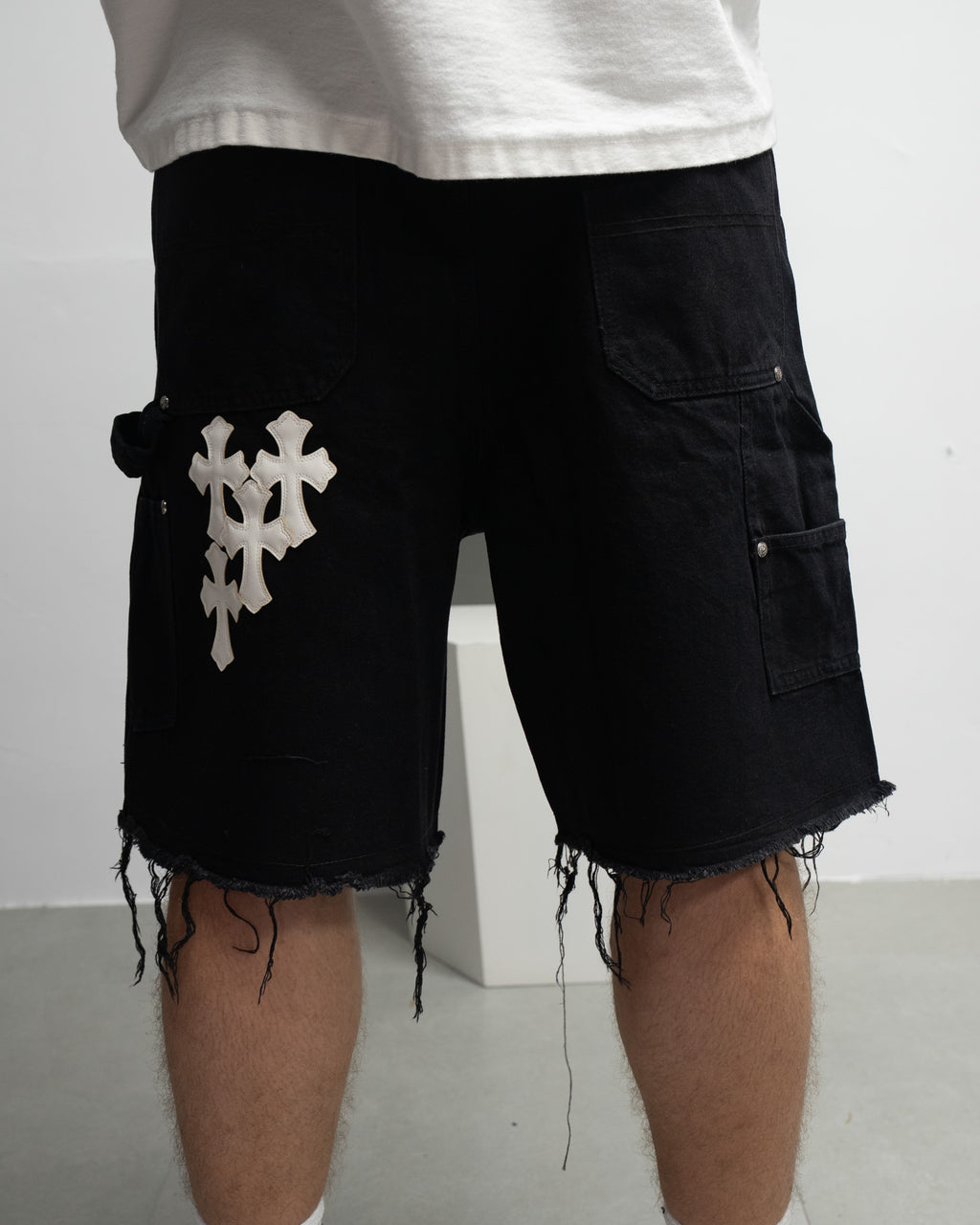 White Cross Patch Black Jean Shorts™