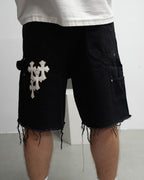 White Cross Patch Black Jean Shorts™
