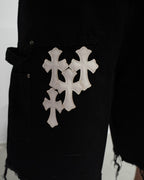 White Cross Patch Black Jean Shorts™