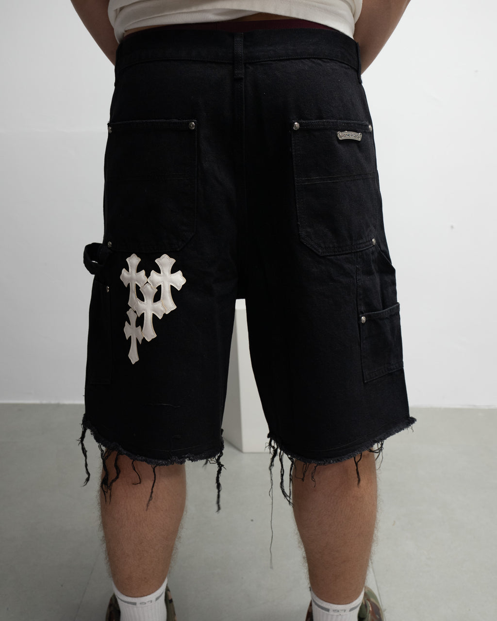 White Cross Patch Black Jean Shorts™