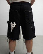 White Cross Patch Black Jean Shorts™